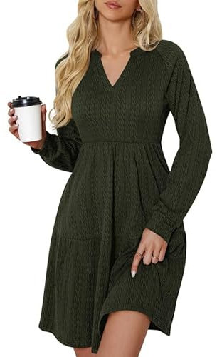 Ritiriko Damen Strickkleid V Ausschnitt Langarm Pulloverkleid Strickpulli Lässig Sweater Tunika Knit Mini Dress mit Taschen Grün M