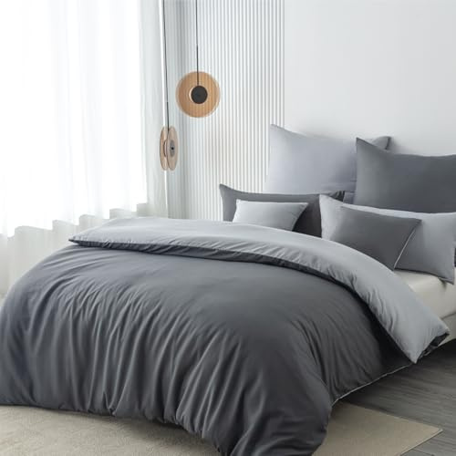 Nesture Bettwäsche 155x220 2teilig Anthrazit/Grau Bettwäsche Sets Microfaser Wendebettwäsche 155 x 220, weich & bügelfrei 1 Bettbezug + 1 Kissenbezug 80x80cm mit Reißverschluss
