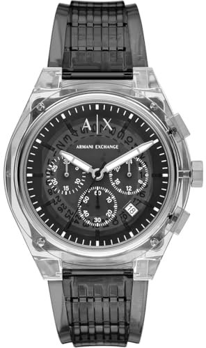 Armani Exchange Watch for Men Chronograph Movement and 46mm Case Size with Stainless Steel Leather or Silicone Strap, Dark Grey and Light Silver Tone