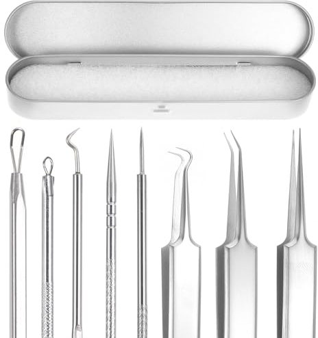 8 Stück Mitesser Pinzette Set, Komedonenquetscher Edelstahl Pickel Entferner, Effektive Mitesserentfernung für Gesichtspflege mit Aufbewahrungsbox
