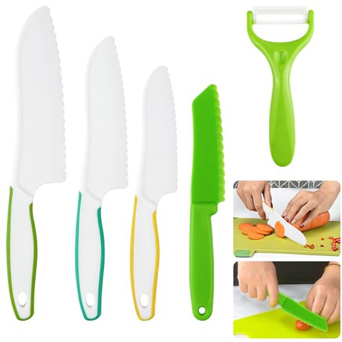 Dorglix 5 Pezzi Coltelli per Bambini Antitaglio, Coltello per Bambini, Sicurezza Utensili Cucina Bambini, Attrezzi Cucina Bambini, Toddlers Coltelli, Kit Taglio Bambini, per Tagliare Frutta o Verdura