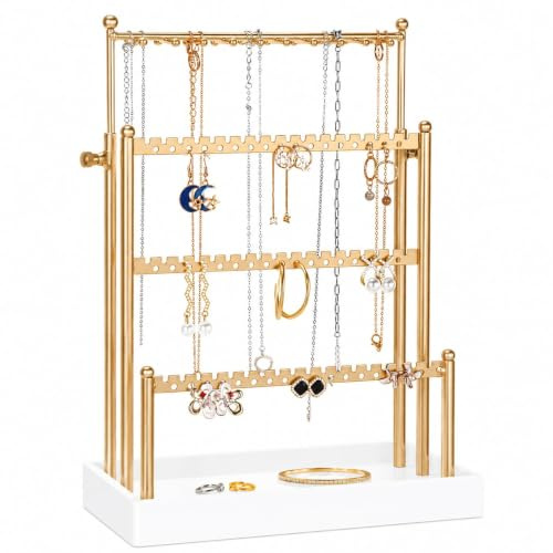 Tirzah 3-Tier Adjustable Earring Necklace Holder Organizer Stand, Gold Jewelry Display Tree with 105 Slots, 10 Double-Sided Hooks, White Tray for Women, Girls