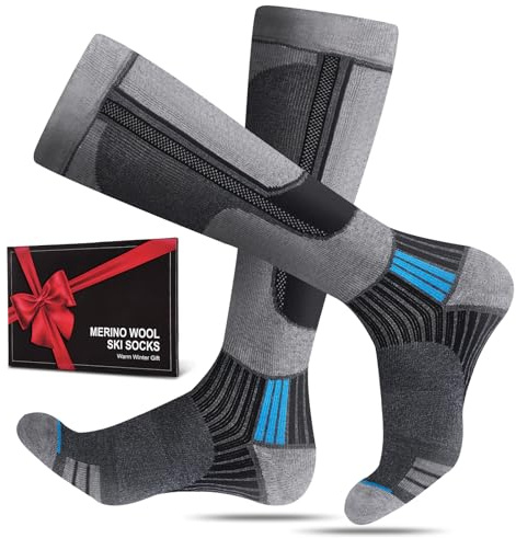 SukModen 2 pares de calcetines de esquí grises de lana merino para hombre, mujer y jóvenes, calcetines térmicos gruesos para días fríos, esquí y snowboard, talla 39-42