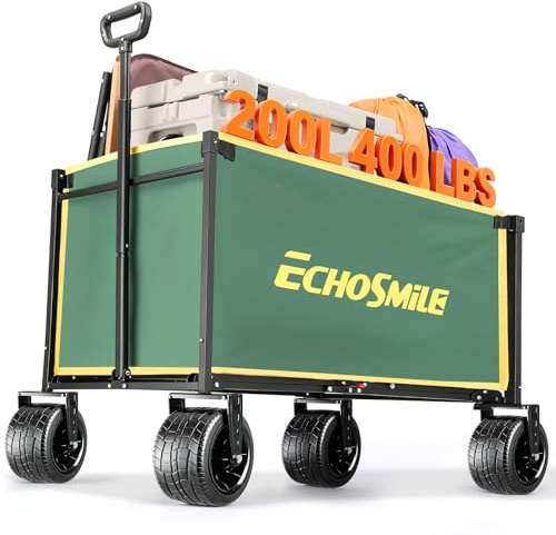 EchoSmile Bollervagn, vikbar 200 l, 180 kg, lastbil, handvagn, transportvagn, vikbar med justerbart handtag, breda hjul, terrängfordon, strandvagn, trädgårdsvagn, shoppingvagn, grön