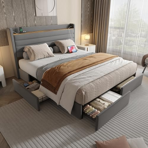 DUlVBPE Moderno marco de cama tapizado de terciopelo, cabecero con puerto USB y función de almacenamiento, 4 cajones en la parte inferior del marco de la cama, 140 x 200 cm, color gris