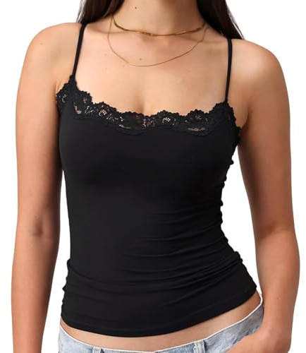 Caziffer Women's Lace Cami Tank Tops Sleeveless Crop Spaghetti Strap Lace Trim Camisole Solid Color Slim Fit Summer Y2k Tops