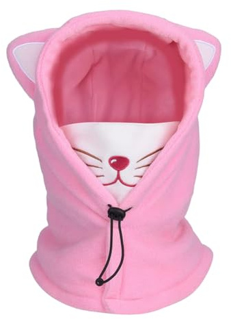 JynkChrenzic Kids Winter Warm Hat Balaclava, Kids Ski Fleece Hat, Winter Neck Warmer Hood with Cute Fluffy Ears, Windproof Face Mask for Boys & Girls for Skiing, Snowboarding & Cycling (Pink)