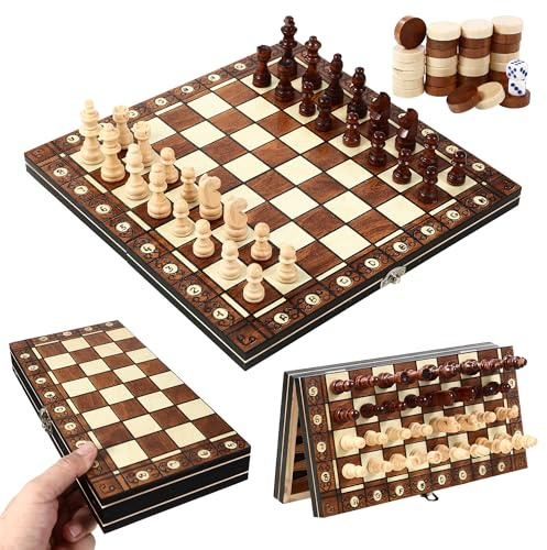 Scacchiera in legno, 3 in 1 Scacchiera Professionale, Scacchiera Portatile e Pieghevoli, Gioco da Tavola di Qualità Adatto a Raduni di Bambini Adulti, Attività Familiari (29 cm x 29 cm)