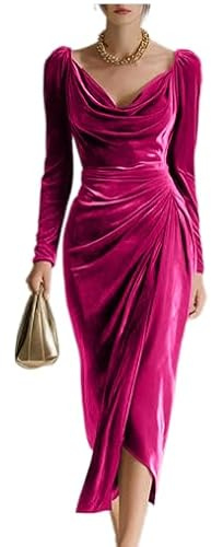 Chvity Womens Velvet Cocktail Dress Cowl Neck Long Sleeve Party Midi Wedding Guest Ruched Slit Bodycon Dress Plum