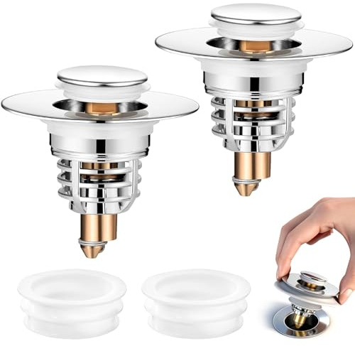 Tappo Lavandino Bagno 2 Pezzi Universale, Per Il Foro Di Drenaggio Di 32-62 mm, Tappo Bidet Pop Up in Acciaio Inox, Tappi di Scarico per Lavabo, Cucina e Vasca da Bagno, Filtro Anti-Ostruzione