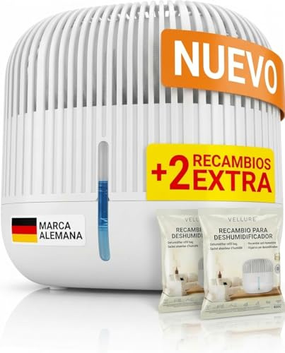 Vellure® Deshumidificador de diseño sin electricidad + 2 recambios de 600 g – Deshumidificador para baño, sótano, etc., hasta 25 m² + 2 deshumidificadores granulados de calidad profesional