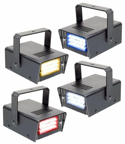 BeamZ Pack de 4 mini strobos/flash con 24 leds de 5mm por unidad, cada flash proyecta u n color, rojo, amarillo, azul y blanco, autoajuste de velocidad, el resultado es un efecto espectacular.