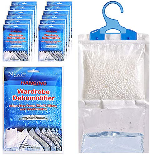 Nyxi Set of 12 Hanging Interior Wardrobe Dehumidifier - 230g Each Bag - Ideal to stop damp, mould mildew & condensation- For Wardrobe, Home, Kitchen, Garage, Bedroom, Caravan, Office, Basement etc