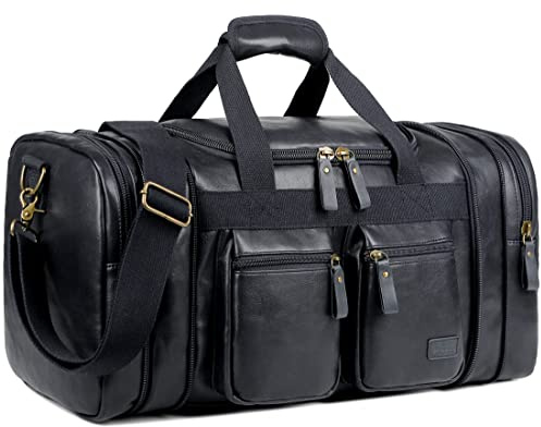 HB-21 - Bolsa de Viaje de Piel Vegana para Fin de Semana, Bolsa Deportiva para Hombre y Mujer, Black, Bolsa de Viaje de Piel