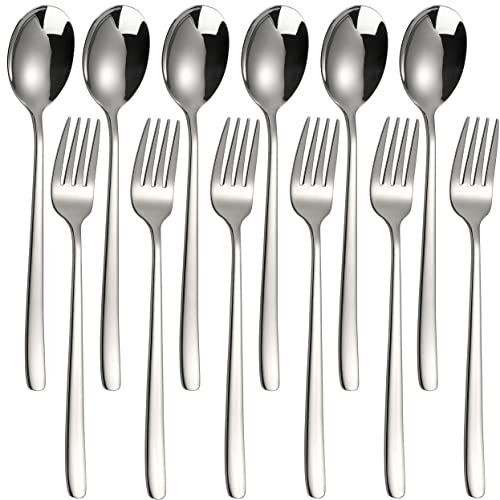 Dinner Forks and Spoons Set of 12 Stainless Steel Table Flatware for Home Kitchen Hotel (Stainless Steel)