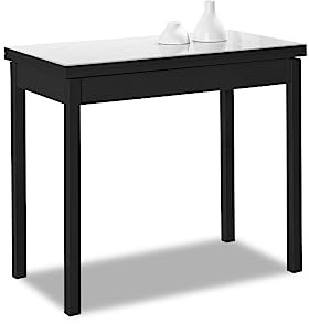 ASTIMESA Mesa de Cocina Extensible de Libro sin cajón - 80x40 cm (80x80 cm) - Estructura y Tapa Interior Color Negra - Tapa Superior Cristal Color Blanca