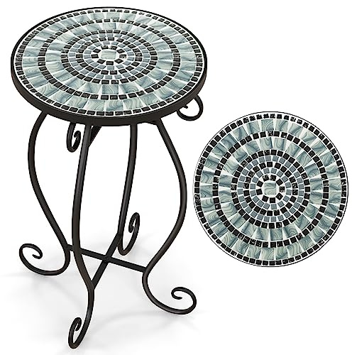 COSTWAY Table D’appoint Exterieur Jardin en Mosaïque, Table Bistro Ronde en Carreaux de Céramique Résistant aux Intempéries, Table Basse D'extérieur pour Balcon Piscine (Noir + Gris)