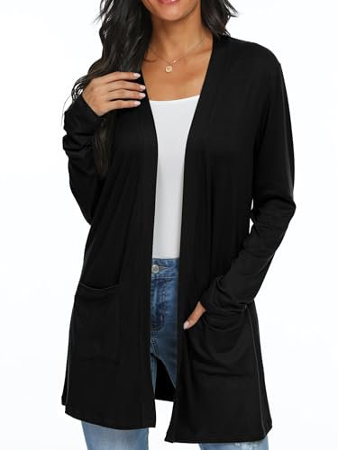 QIXING Casual Leichte Strickjacke Damen Lang Elegant Dünne Strickjacke Lange Ärmel mit Taschen Open Front Cardigan Damen Herbst (Schwarz, M)