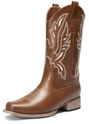 DREAM PAIRS Women's Fashion Cowboy Boots | 1.5-Inch block heel designed to feature a square toe and embroidery detail to complete your cowgirl style at parties