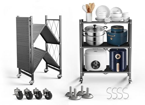 FuGuiB Klappregal Mit Rollen, Faltbares Metallregal für Küche(Grau, 3-Schicht)