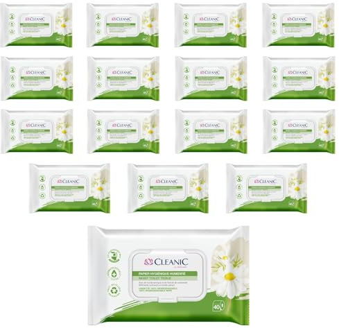 Cleanic Carta Igienica Umidificata - (40x16 Pezzi) Carta Igienica - Con estratto di camomilla, lavabile, salviette per pulizia intima, delicate pelle sensibile - 640 Pezzi