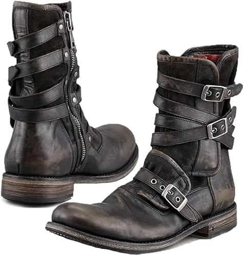 Riding Boots, Steampunk Retro PU Leather Knight Boots with 3 Buckles, Outdoor Fashion Ankle Boot Shoes for Men Daily Wear,Black,46 EU