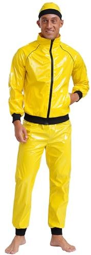 CHICTRY Rapper Kostüm Herren Lack Leder Trainingsanzug Langarm Latex Jacke Mit Reißverschluss High Waist Leggings Hut 3tlg Disco Outfit Gelb S