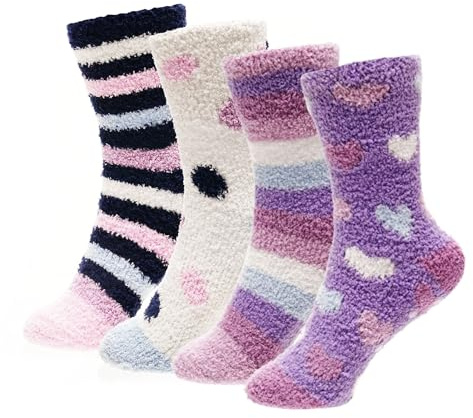 GM Apparel Girls Kids Fluffy Slipper Socks - Non-Skid Gripper - Bed Sock - Super Soft Fuzzy - Cosy Thermal Lounge Socks - Pack of 4 Pairs (7-10 Years)
