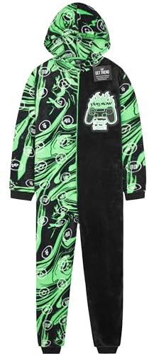 Get Trend Pyjama Grenouillère Polaire Garçon et Ado, Tenue de Cocooning à Capuche, Style Gaming, Idée Cadeau Gamer (13-14 Ans, Vert Gaming)