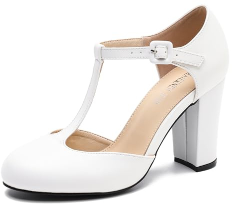 Women's T-Strap Mary Jane Pumps, Chunky Heel, Vintage Style, Cut Out, 3.54 Inch Round Toe Dress Shoes Matte White US 8.5