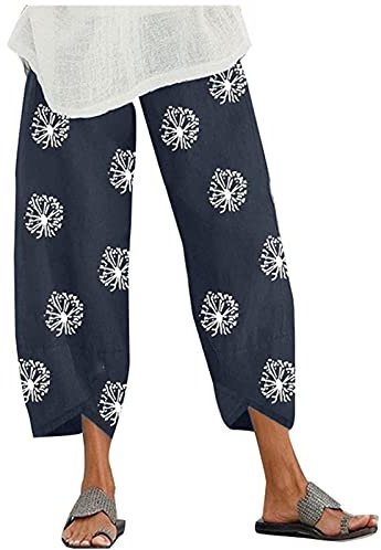 Große Größen Sommerhose Damen Leicht Caprihose Muster,Oversize Sommer Hosen 7/8 Locker-Übergroßes High Waist Weite Luftig Freizeithose 3/4 mit Taschen Einfarbig Luftige Strandhose Relaxhose