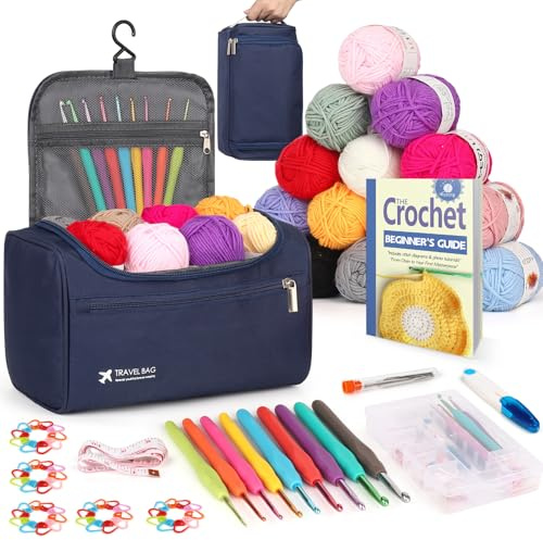 Reessy Crochet Kits for Beginners Adults, 88 PCS Crochet Kit include Instructions Crochet Hooks 15Pcs × 25g Yarn Storage Bag and Knitting Accessories, Complete Beginners Crochet Kit - Blue
