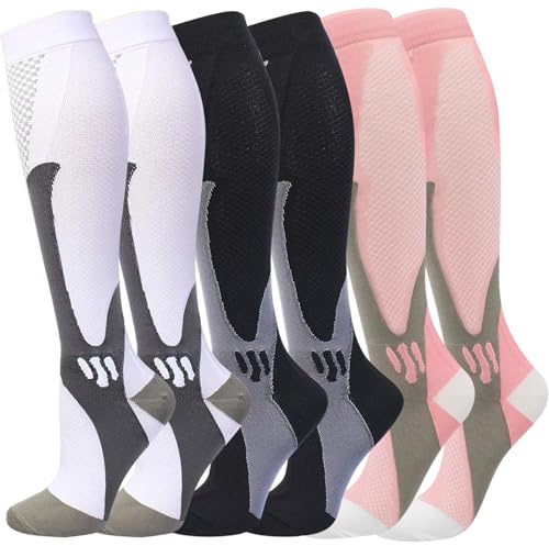 Gcbiger Compression Socks (3 Pairs) for Men Circulation 20-30 mmhg Medical Compression Stockings Women Nursing (Black+Pink+White, L-XL)
