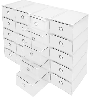 HINOPY Lot de 20 boîtes à chaussures empilables avec tiroirs, 31 x 20 x 11 cm, boîte de rangement pour baskets, talons hauts et bottes