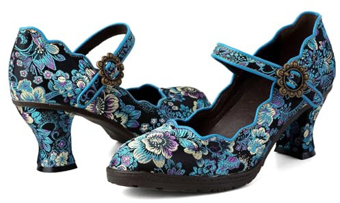 SOCOFY Kvinnor Läder Mary Jane-skor Färgglada Läder Oxfordskor Vintage Läderpumpar Dam Färgglada lappord blockklack Pumpar Mid Kattunge Hälpumps Skor Ankelrem Bröllopsklänning Kväll Festskor, Blå