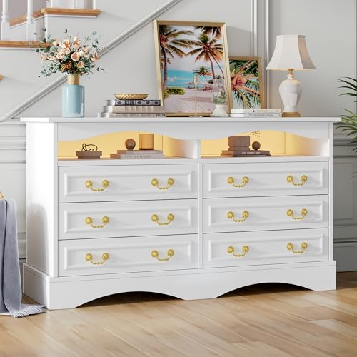 Armadio da soggiorno, moderno comò con 6 scomparti, larghezza 120 cm, con striscia luminosa a LED, credenza con spazio di archiviazione semi-aperto, adatto per corridoio, soggiorno, ufficio, bianco
