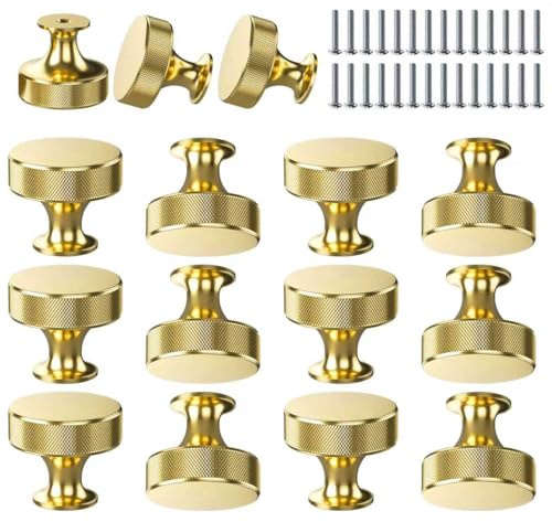 Tidetake 15 PCS Gold Cabinet Knobs Kitchen Handles Solid Brass Cabinet Knobs Gold Knurled Door Hardware Cupboard Knob for Wardrobes, Kitchen, Furniture