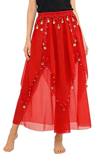 Baisdan Gonna Danza del Ventre in Chiffon con Monete Dorate, Gonna Lunga da Danza per Flamenco, Halloween, Carnevale e Spettacoli Rosa