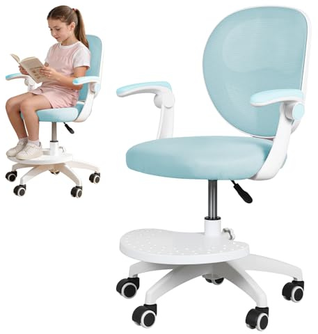 tekrabea Ergonomic Kids Study Chair, Adjustable Height Children Desk Chair with Flip Armrests, Breathable Mesh Back, Saddle Cushion and Auto-Brake Wheels for Home School (Blue)