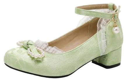 Scarpe da ballo da donna, eleganti e comode, per costume tradizionale bavarese Dirndl, Oktoberfest, con inserto in pizzo, tacco a blocco, scarpe con tacco alto, scarpe da matrimonio, verde chiaro, 39