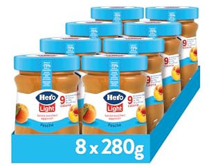 Hero Light Confettura di Pesche light, 8 vasetti da 280 gr, marmellata e confettura extra, frutta di alta qualità, senza conservanti e senza coloranti, pochissime calorie per porzione
