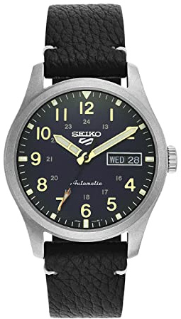 Seiko 5 Sports Automatik Armbanduhr Herren, SRPG39K1 - Edelstahl, Hardlex Glas, blaues Ziffernblatt 39 mm, 10 bar, Leder Armband Schwarz, Kalender, Leuchtfunktion