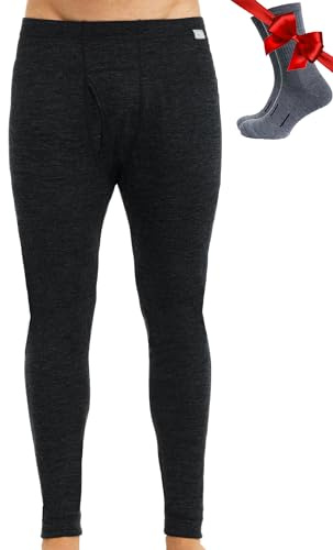 Pantalon Interior Termico Lana Merino Hombre - 100% Termica Lana Merino Ligeros con Calcetines (X-Large, 165 Charcoal Grey)