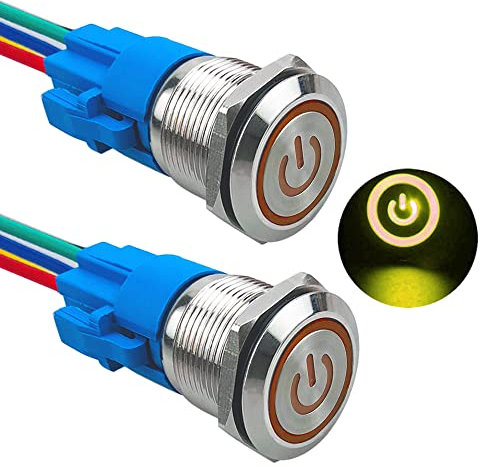Aiqeer 2 Piezas 19 mm Interruptores de Botón Autoblocante, 12V / 24V 5A Interruptor de Botón LED Amarillo, Interruptor Pulsador Metálico Impermeable, con Enchufe Precableado