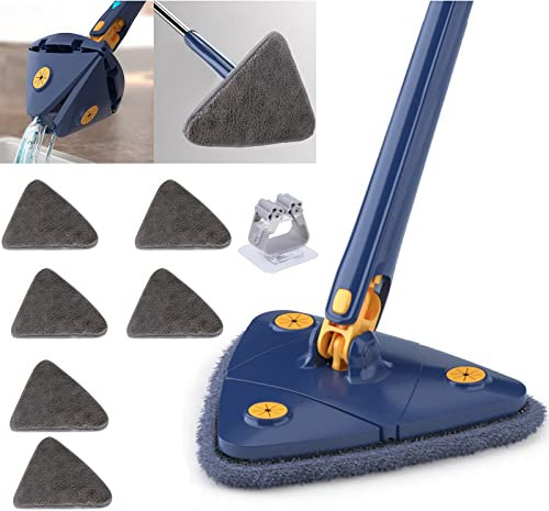 Takezuaa Balai triangulaire rotatif à 360 ° imitation main sans torsion pour lavage des mains nouveau balai triangulaire pour ménage tordu balai à eau balai papillon rotatif paresseux, balai bleu + 6