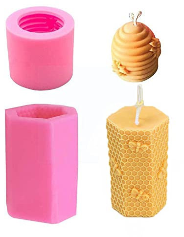 2pcs Bee Honeycomb Candle Silicone Beehive Molds for DIY Homemade Beeswax Candle Soap Hand Lotion Bars Fondant Candy Making Chocolate Mold Desserts Gum Clay Cupcake Topper Cake Decor Moulds