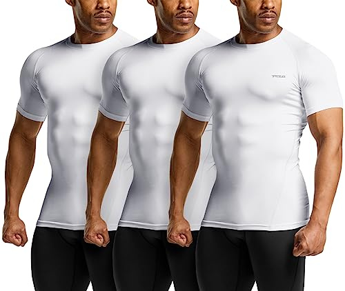 TSLA Men's UPF 50+ Quick Dry Short Sleeve Compression Shirts, Athletic Workout Shirt, Water Sports Rash Guard, Core Tops 3pack Real White, X-Large