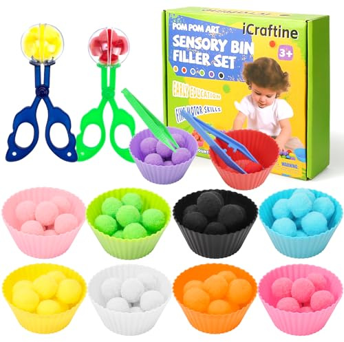 iCraftine Lot de 114 poubelles sensorielles avec 10 bols de tri, 100 pompons, 2 pinces, 2 ciseaux pour l'éducation précoce des enfants, le comptage et le développement de l'entraînement