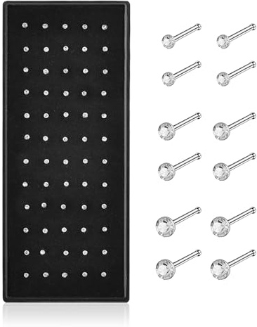 NYGGTYK 60 unidades de pasadores de nariz de acero inoxidable de color liso, en forma de L, anillos curvados para la nariz con diamantes de imitación, anillos curvados para piercing de nariz, joyas
