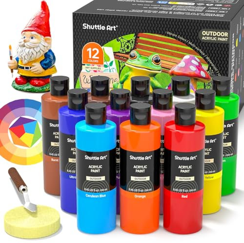 Shuttle Art Peinture Acrylique pour Extérieur (250ml), Set de 12 Couleurs Acrylique Peinture à l'Extérieur en Bouteille, Peinture Acrylique pour Artistes Débutants Pierre Pots Décoration de Jardin
